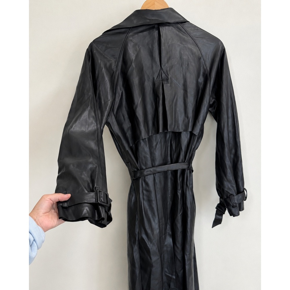 Black Trench Long Coat Womens Faux Leather Halloween Cosplay Size M - Picture 4 of 5